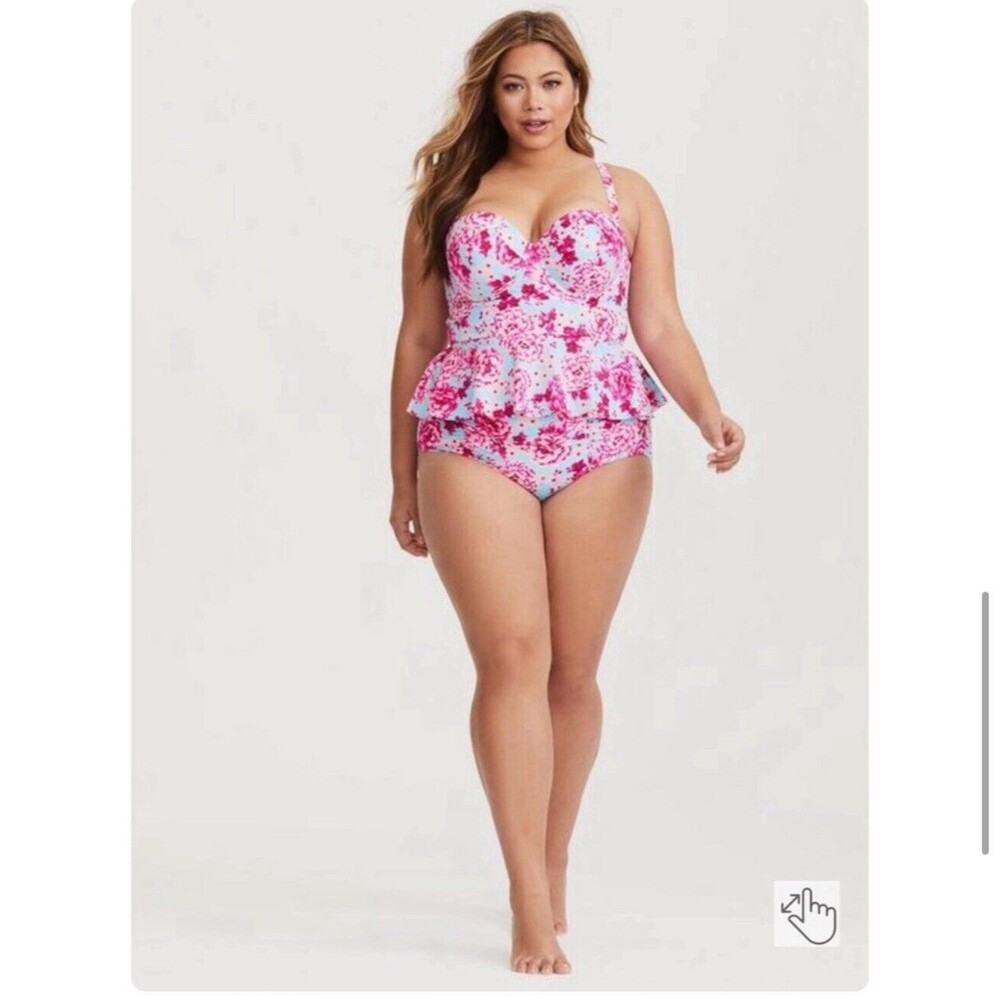 Torrid Floral Tankini Ruffle Swim Top Aqua Blue & Pink Beach Vacation Bathing Su - Picture 4 of 7